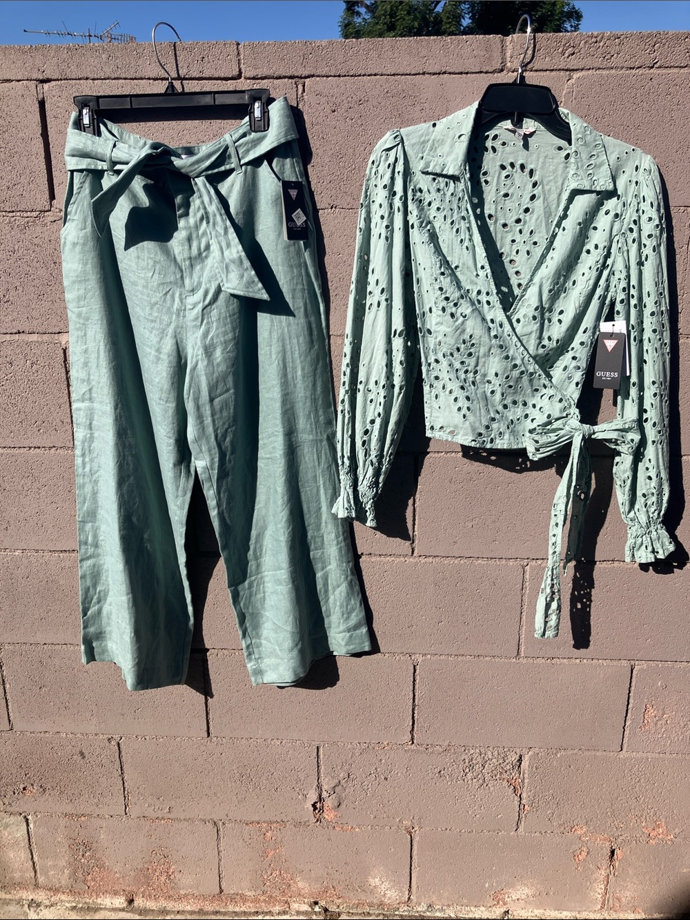 GUESS Women's Sage Wrap Eyelet Blouse & High-Waist Paperbag Pants Set